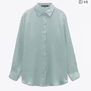 Zara Sage Satin Button Up Shirt